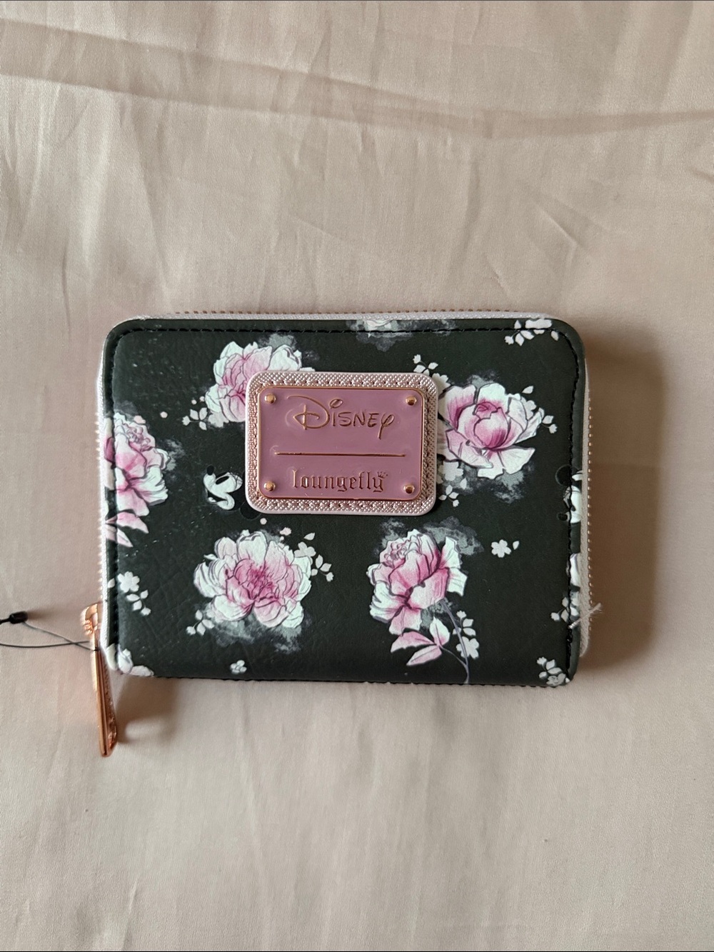 Loungefly Black Floral Zip Wallet with Pink Plaque and Rose Gold Hardware
